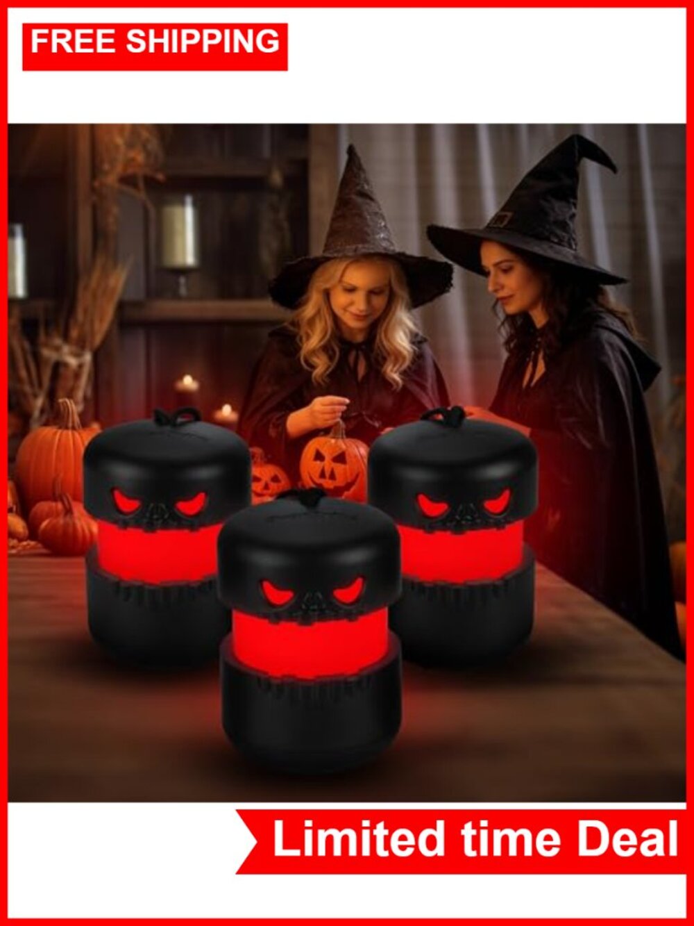 Halloween Skeleton Lantern 3-Pack LED Color Changing Camping Light with Lanyard